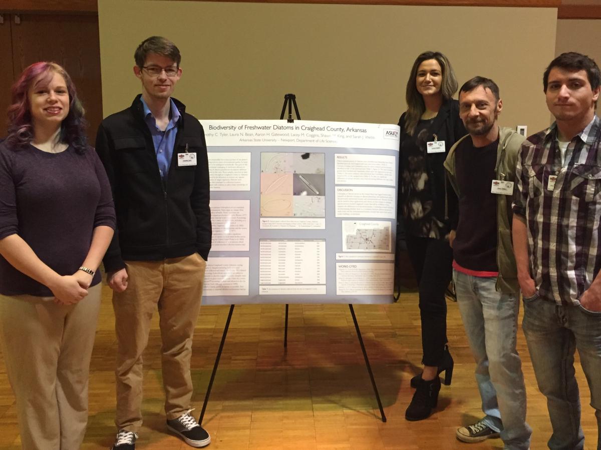 Laura Bean, Timothy Tyler, Lacey Coggins, Sean Tolbert and Shawn King presenting diatom research.