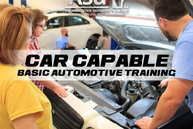 Car Capable Basic Automotive Training logo with Photo of people standing around a car with the hood open.